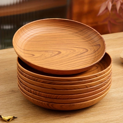 10pcs Wood Grain Dinner Plates Set – Round Striped Plastic Serving Trays for Home Kitchen Dessert Shop Restaurant