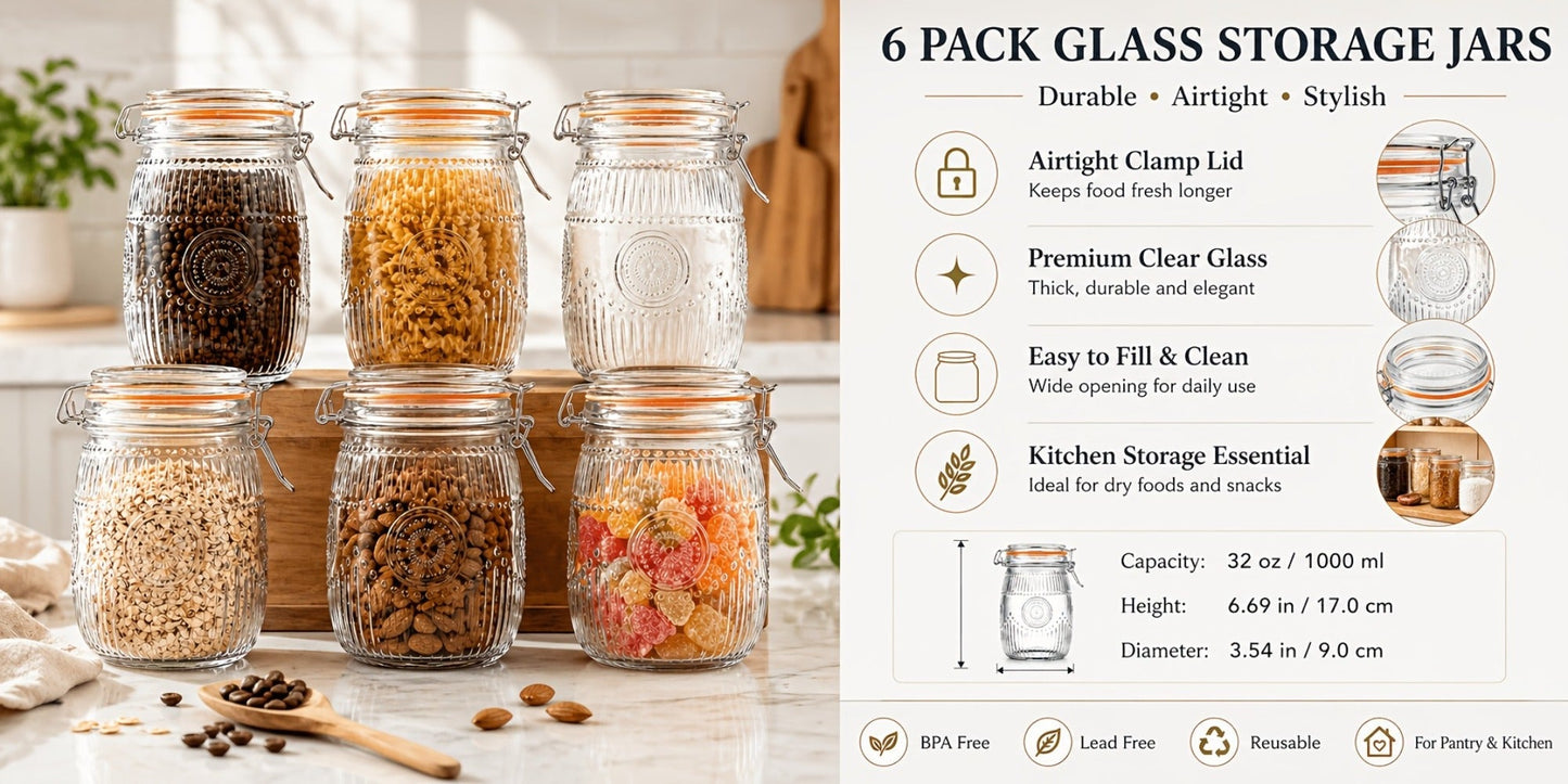 Mason Jars 6-Pack, 32 oz Wide-Mouth Glass Canisters with Hinged Lids and Sunflower Pattern for Coffee, Sugar, Beans and Spices