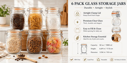 Mason Jars 6-Pack, 32 oz Wide-Mouth Glass Canisters with Hinged Lids and Sunflower Pattern for Coffee, Sugar, Beans and Spices