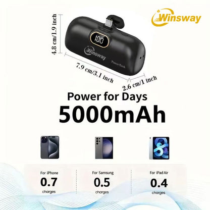 Power Bank 5000mAh Mini USB-C Plug-In Style with Digital Display in Pink or White for Travel