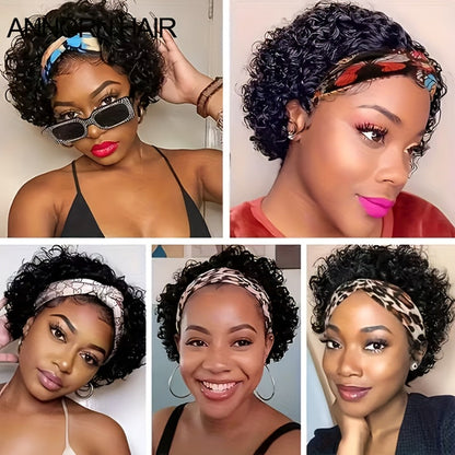 Kinky Curly Headband Wig Human Hair Brazilian 150% Density Glueless 6 Inch | No Glue No Gel Black Burgundy Rust | Beginner Friendly Daily