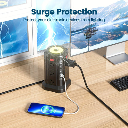Night Light Power Tower Surge Protector 17-in-1, 12 AC Outlets & 5 USB Ports, 10.2ft Extension Cord