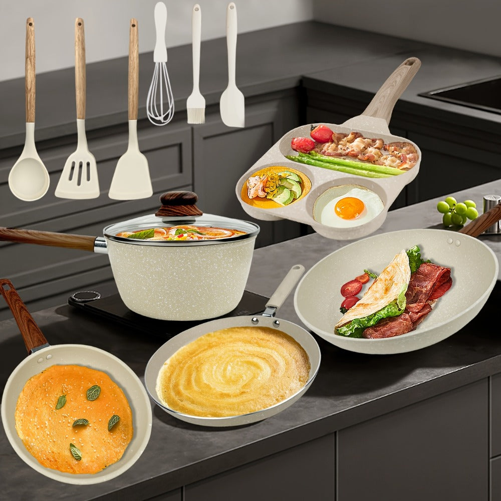 Cookware Set ABKOK 7-, 12- or 15-Piece Beige Pots and Pans with Lids, Steamer and Utensils