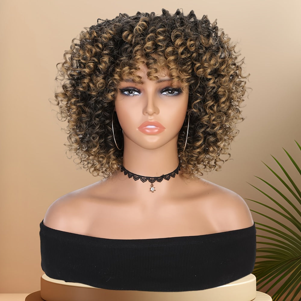Synthetic Wig 14-Inch Kinky Curly Afro with Bangs, 180% Density and Stretch Net Cap for Daily Style