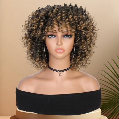 Synthetic Wig 14-Inch Kinky Curly Afro with Bangs, 180% Density and Stretch Net Cap for Daily Style