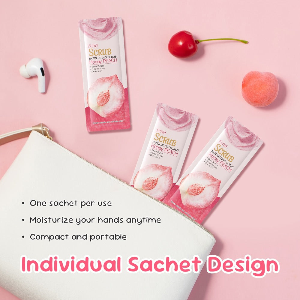Peach Body Scrub with Jojoba Beads, Fifty 0.11oz Travel Sachets for Foot and Body Care at Home