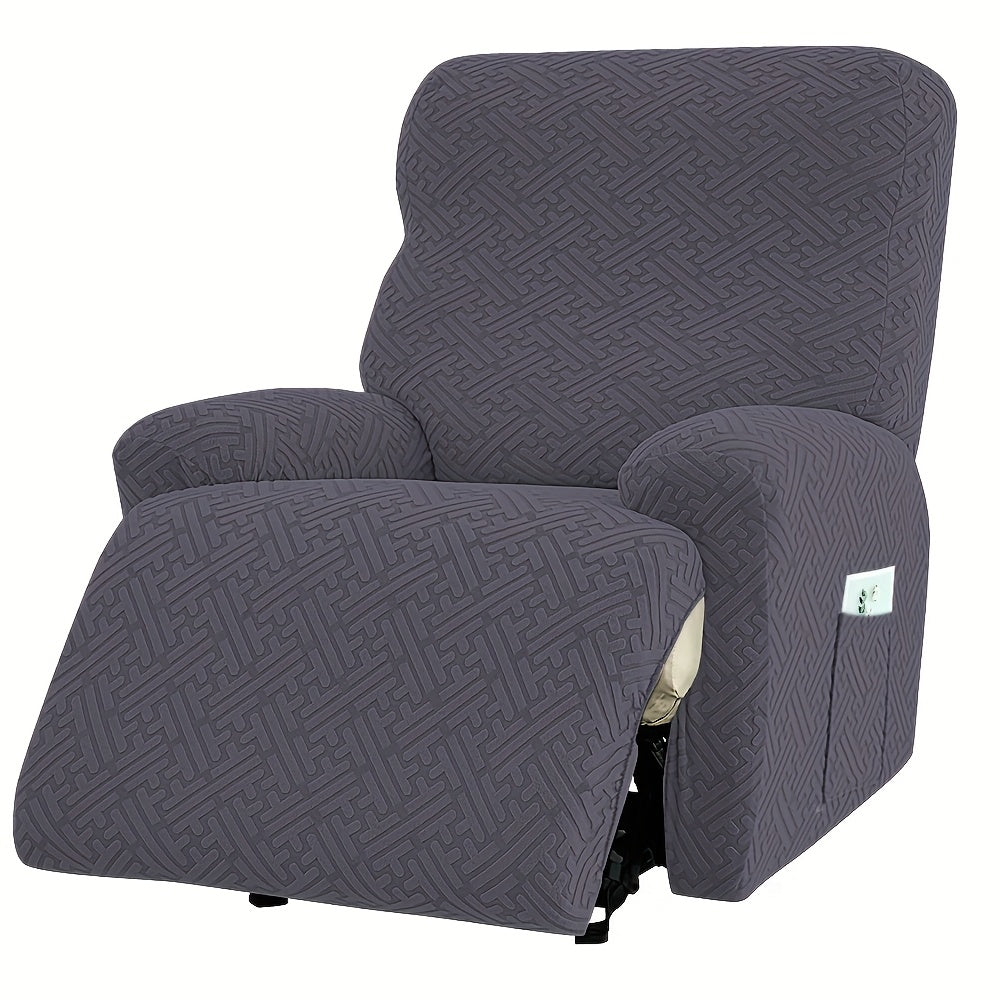 Four-Piece Maze Jacquard Recliner Chair Cover Set with Side Pocket and Nine Solid Color Options