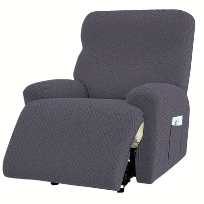 Four-Piece Maze Jacquard Recliner Chair Cover Set with Side Pocket and Nine Solid Color Options