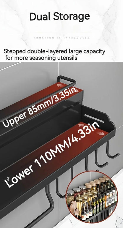 Wall-Mounted Kitchen Organizer with Two Storage Tiers, Knife Slots, Chopstick Cup and Towel Bar