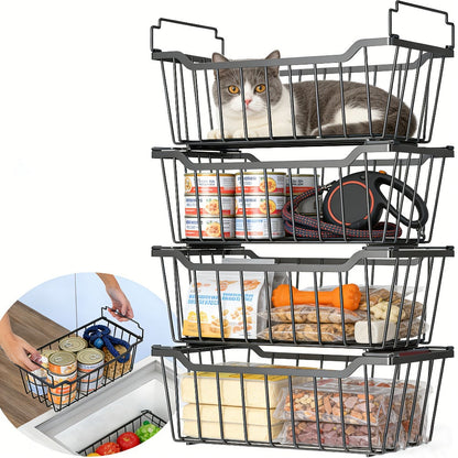 Freezer Organizer Bins Stackable with Foldable Handle - Chest Freezer Storage Baskets Rack, Space Saving Refrigerator Organizer Bins