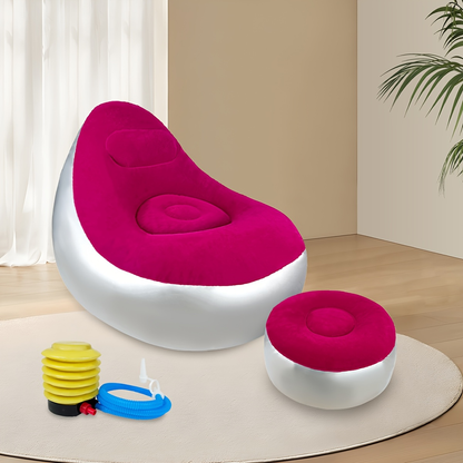Inflatable Recliner Sofa with Footstool Set – Heavy Duty Portable Folding Air Couch with Plush Fabric & Pump Included
