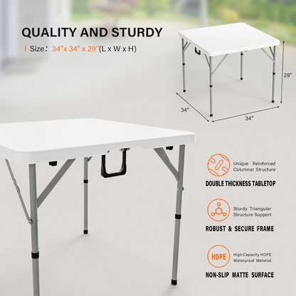 Portable Square Bi-Fold Table with Carry Handle in Black or White, Approximately 34 Inches Wide