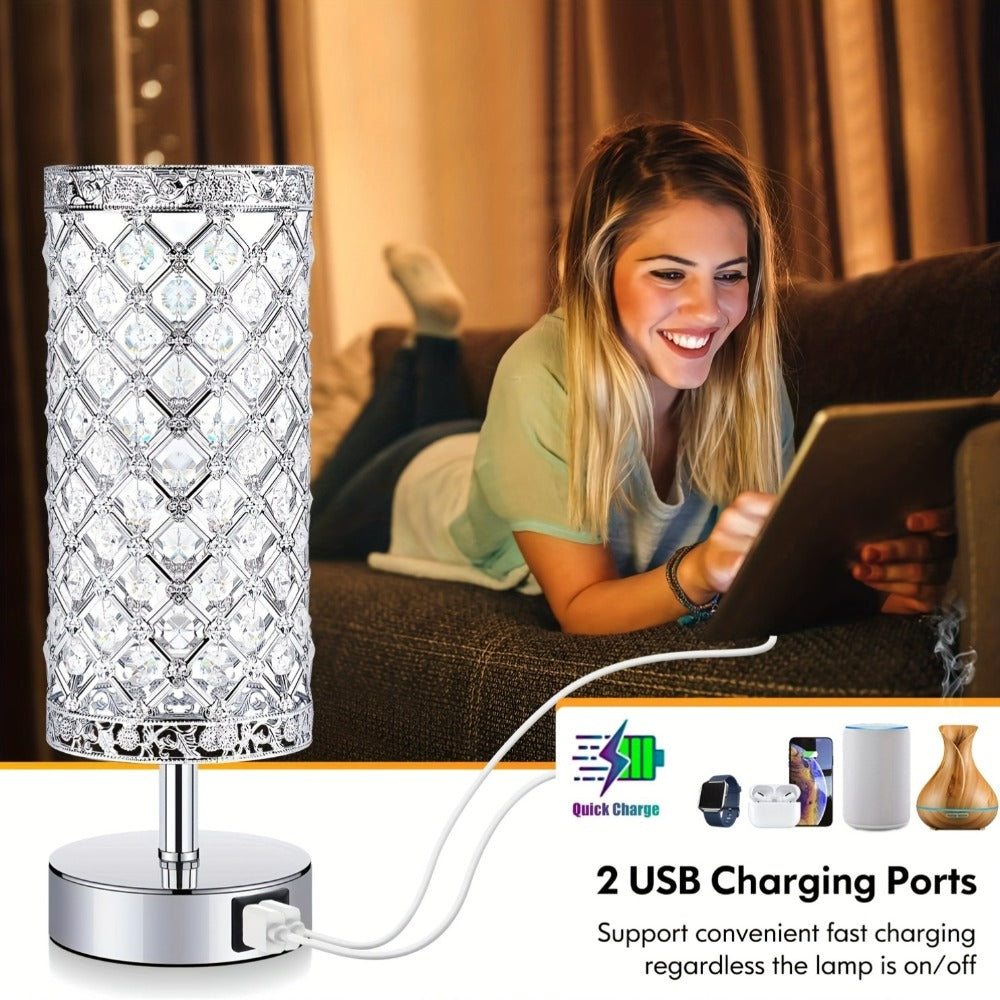 Crystal Cylinder Bedside Table Lamp with Dual USB Ports in Three Finishes and One- or Two-Pack Options