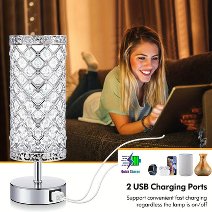 Crystal Cylinder Bedside Table Lamp with Dual USB Ports in Three Finishes and One- or Two-Pack Options