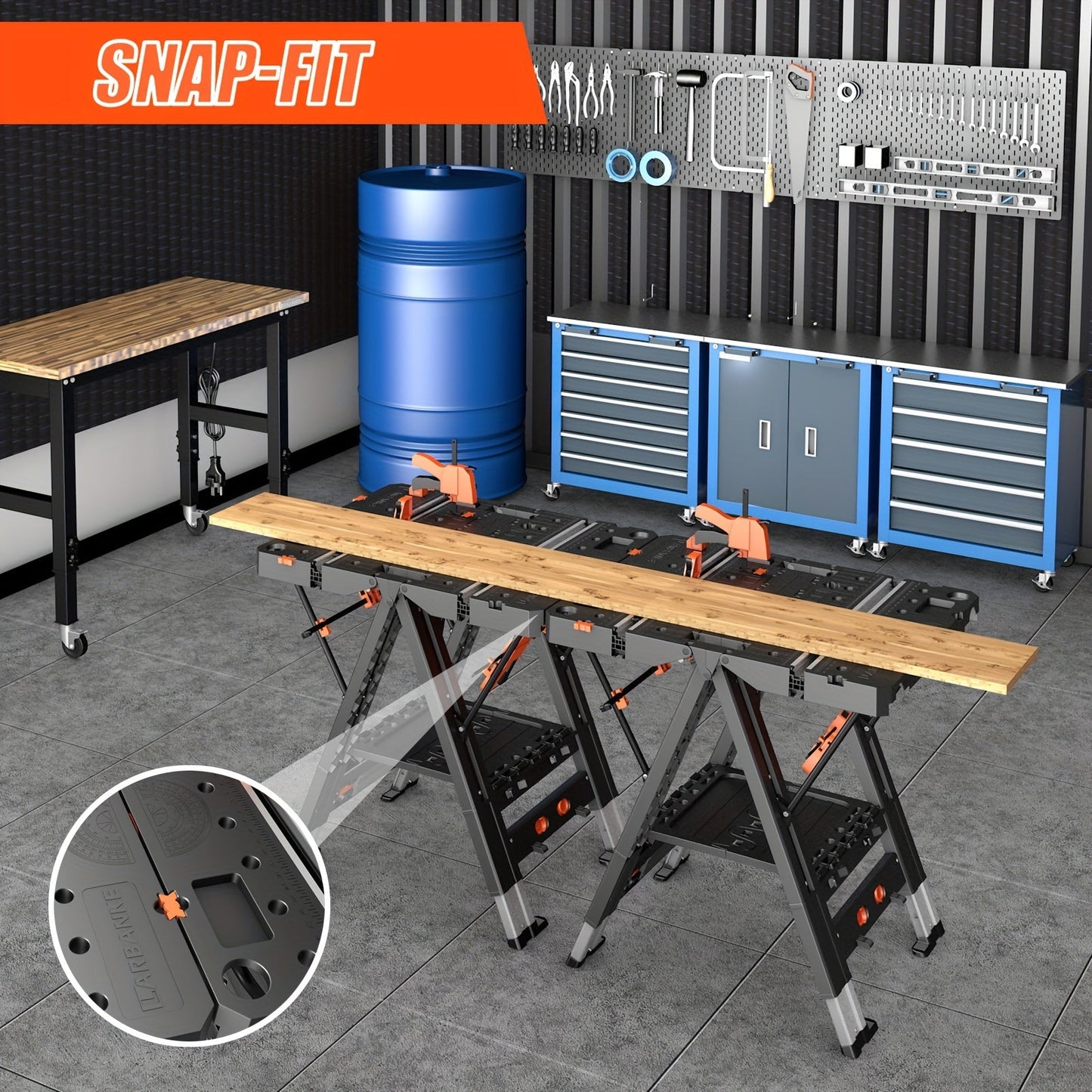 Folding Workbench 2-in-1 Portable Work Table, Height-Adjustable Sawhorse Workbench with 4 Woodworking Clamps