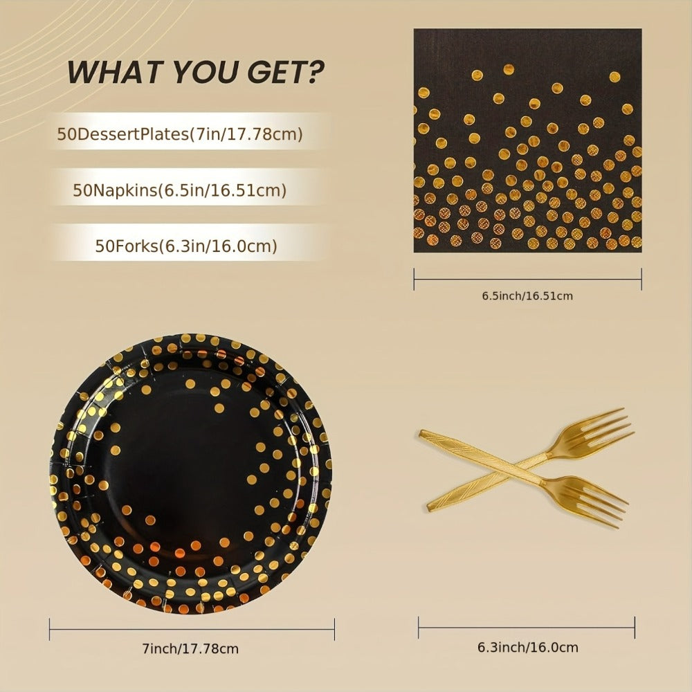Disposable Party Supplies Set 150 Piece Black and Gold – Paper Plates, Napkins & Forks for 50 Guests, Elegant Tableware for Birthday