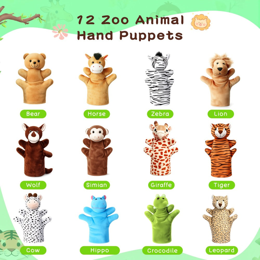 Twelve-Piece Zoo Animal Hand Puppet Set with Bear, Zebra, Lion, Giraffe, Hippo and More Designs