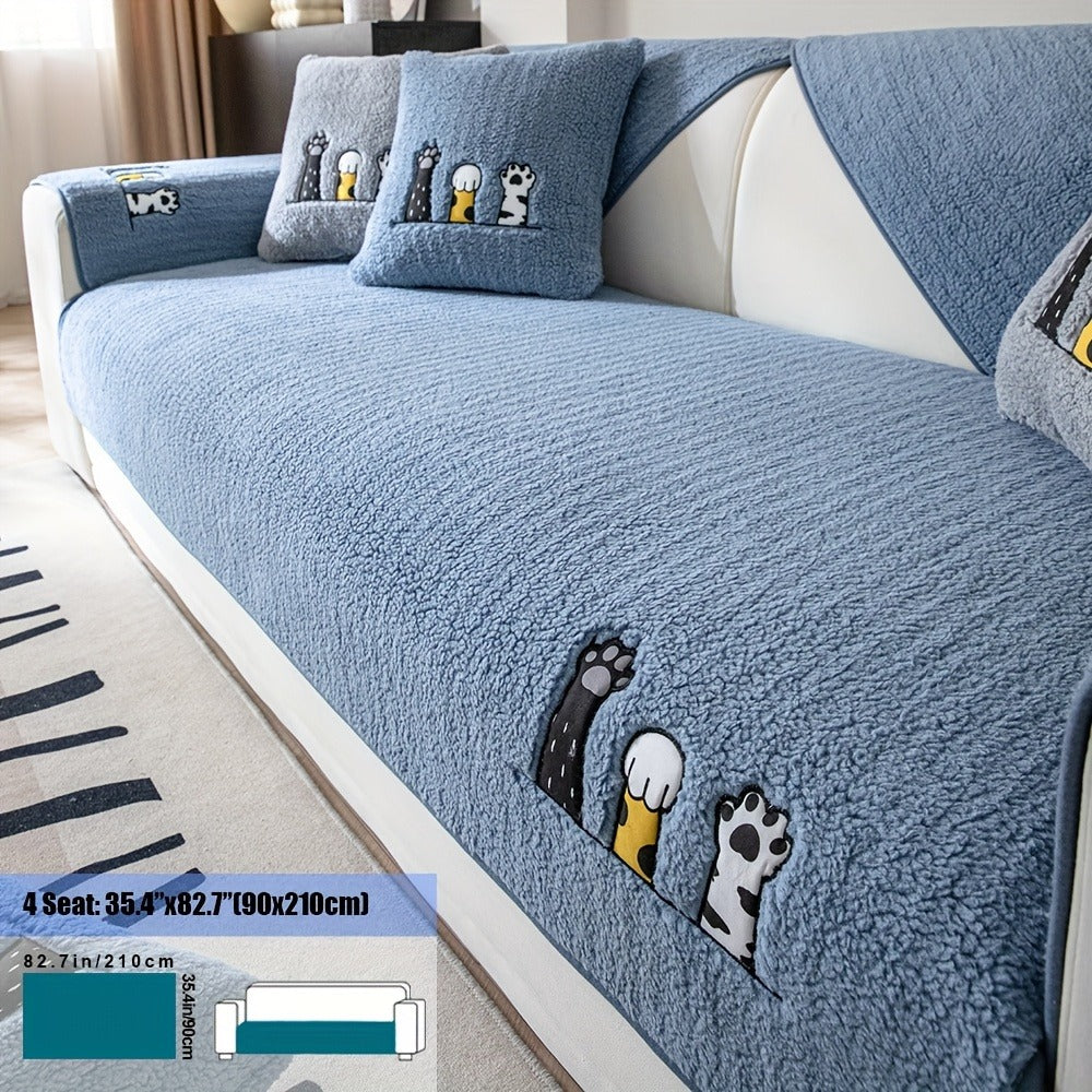 Sofa Cover, Sherpa Plush Cat-Paw Embroidered Seat Pad with Backing Detail in Four Colors and Seven Sizes