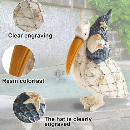 Pelican Gnome Figurine 11.5", Resin Coastal Beach Decor with Starfish & Seashell, Tabletop Statue for Home