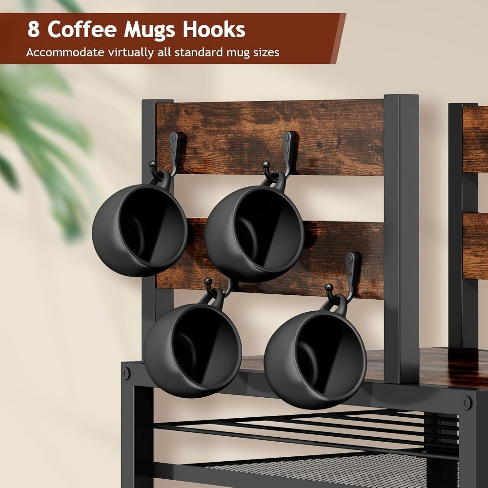 Kitchen Organizer Coffee Capsule and Mug Rack with Single or Double Layer Countertop Stand in Rustic Brown