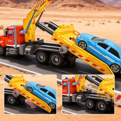 13-Inch Tow Truck Toy with Lights & Sounds, Friction Powered Transport Crane Truck for Boys Ages 3 4 5 6