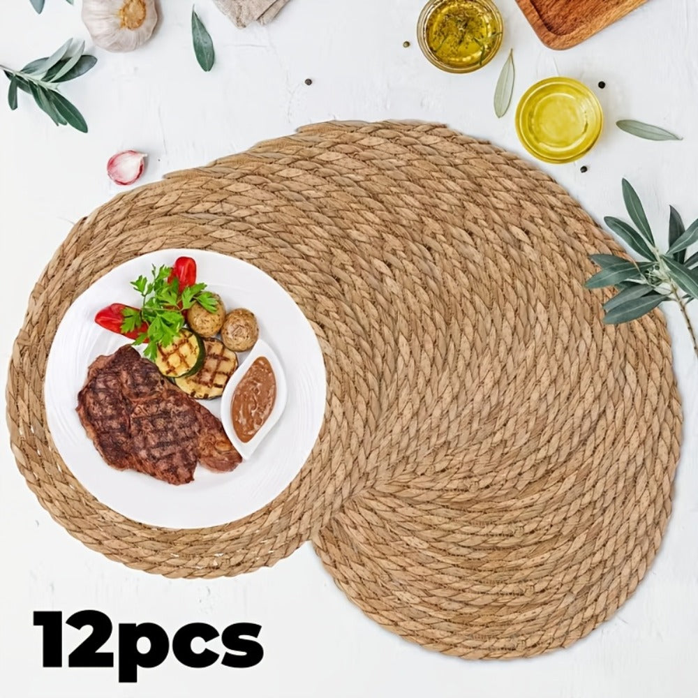 12pcs Rattan Placemats Natural Wicker Round Table Mats Heat-Resistant 11.8" Kitchen Dining Decor Bohemian