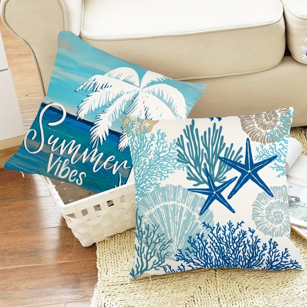 Four-Piece Coastal Pillow Cover Set, 18 x 18 Inches with Palm, Coral, Starfish and Beach Typography Designs