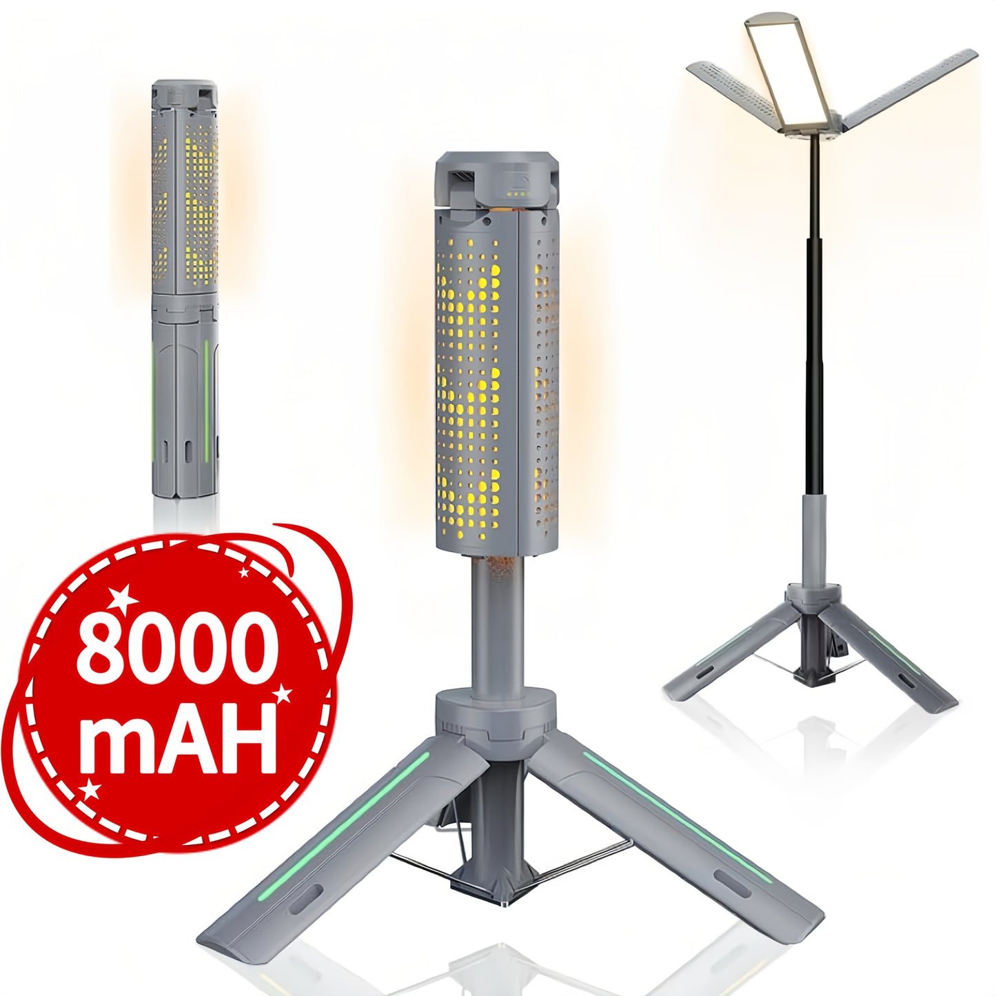 Camping Light & Work Light 3000 Lumens – Cordless LED with 3 Adjustable Heads, 8000/14500mAh Rechargeable Battery