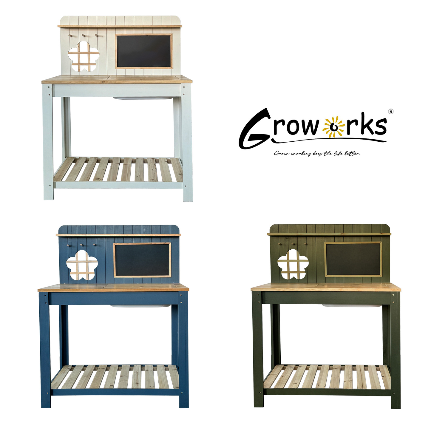 Potting Bench Table Cedar Wood Garden Workstation with Blackboard Removable Sink Hooks Double Shelf for Garden, Patio and Yard Use