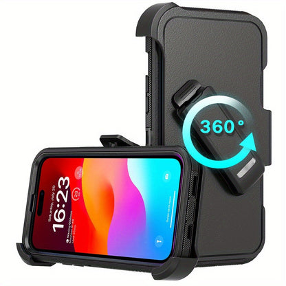 Phone Case Dual-Layer TPU and PC Cover with Rotating Belt Clip Holster for Black iPhone 15 Configuration