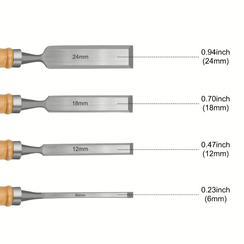 Wood Chisel Set 4pcs, CR-V Steel Woodworking Chisels 6/12/18/24mm for Entryways, Bedrooms and Living Spaces