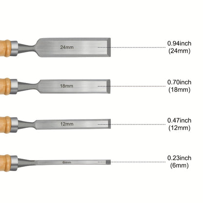 Wood Chisel Set 4pcs, CR-V Steel Woodworking Chisels 6/12/18/24mm for Entryways, Bedrooms and Living Spaces