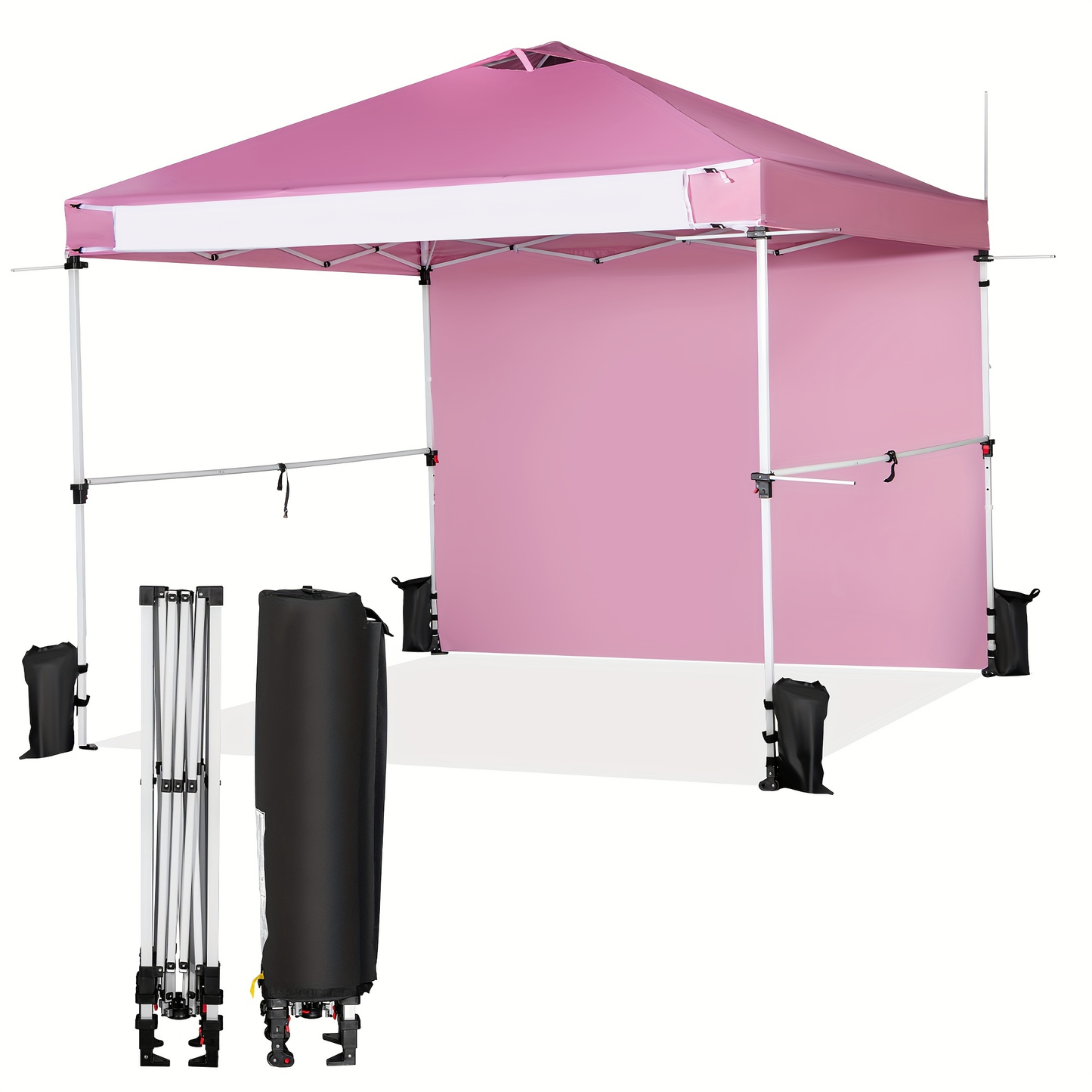 Pink 10x10ft Commercial Pop-Up Canopy Tent with Sidewall, Hanging Bars, Crossbars and Banner Strip
