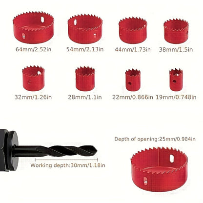 Hole Saw Set 8 Piece Kit 3/4 to 2-1/2 Inch 19mm-64mm Saw Blades with Mandrel and Allen Wrench for Drilling Softwood PVC Plastic Boards