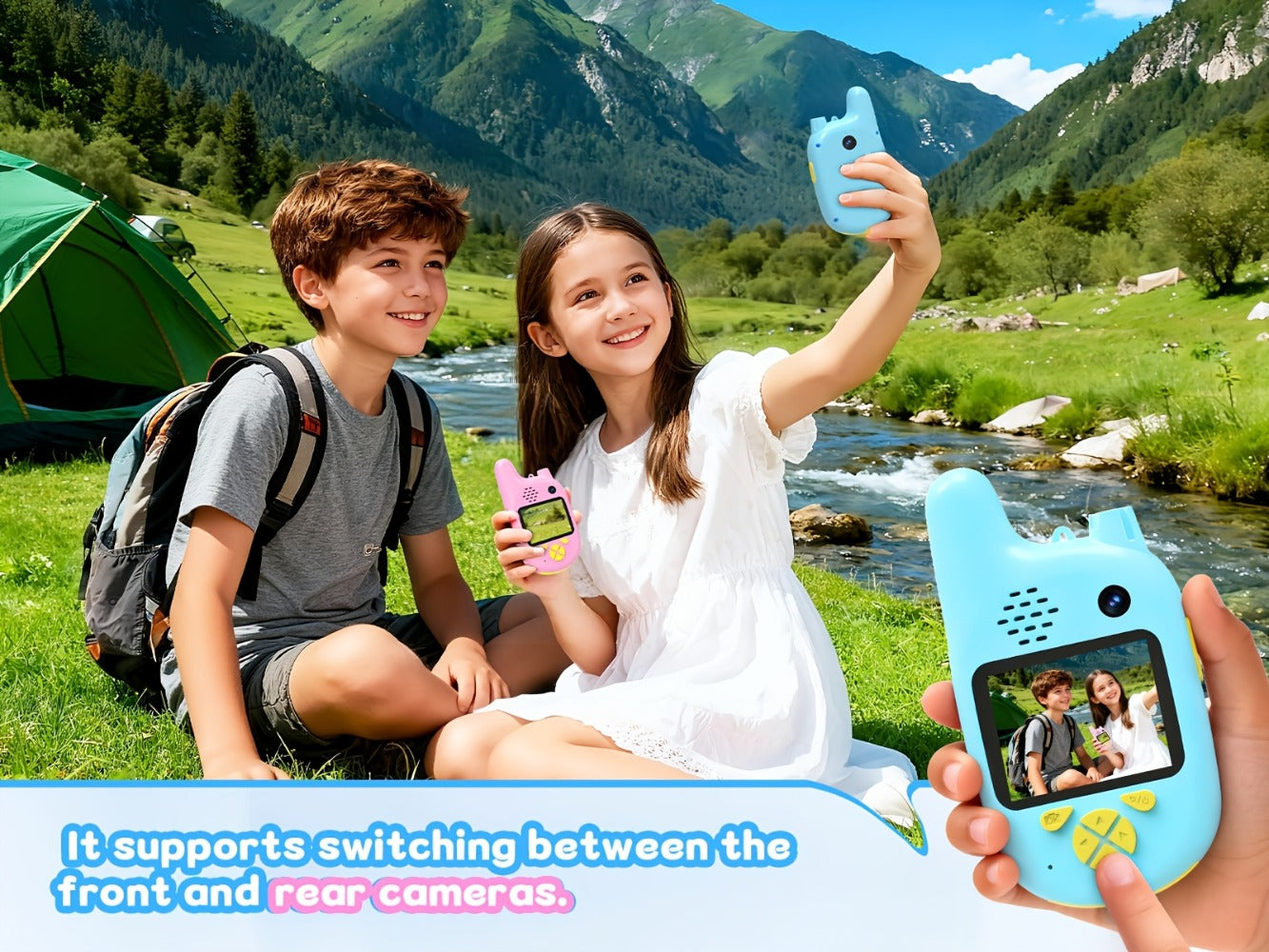 Kids Video Walkie Talkies 2 Pack with Video Call, Voice Changer & Dual Camera, Long Range Outdoor Toy