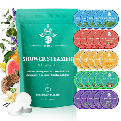 Twenty Assorted Shower Steamer Tablets with Six Fragrance Labels in a Teal Resealable Gift Bag