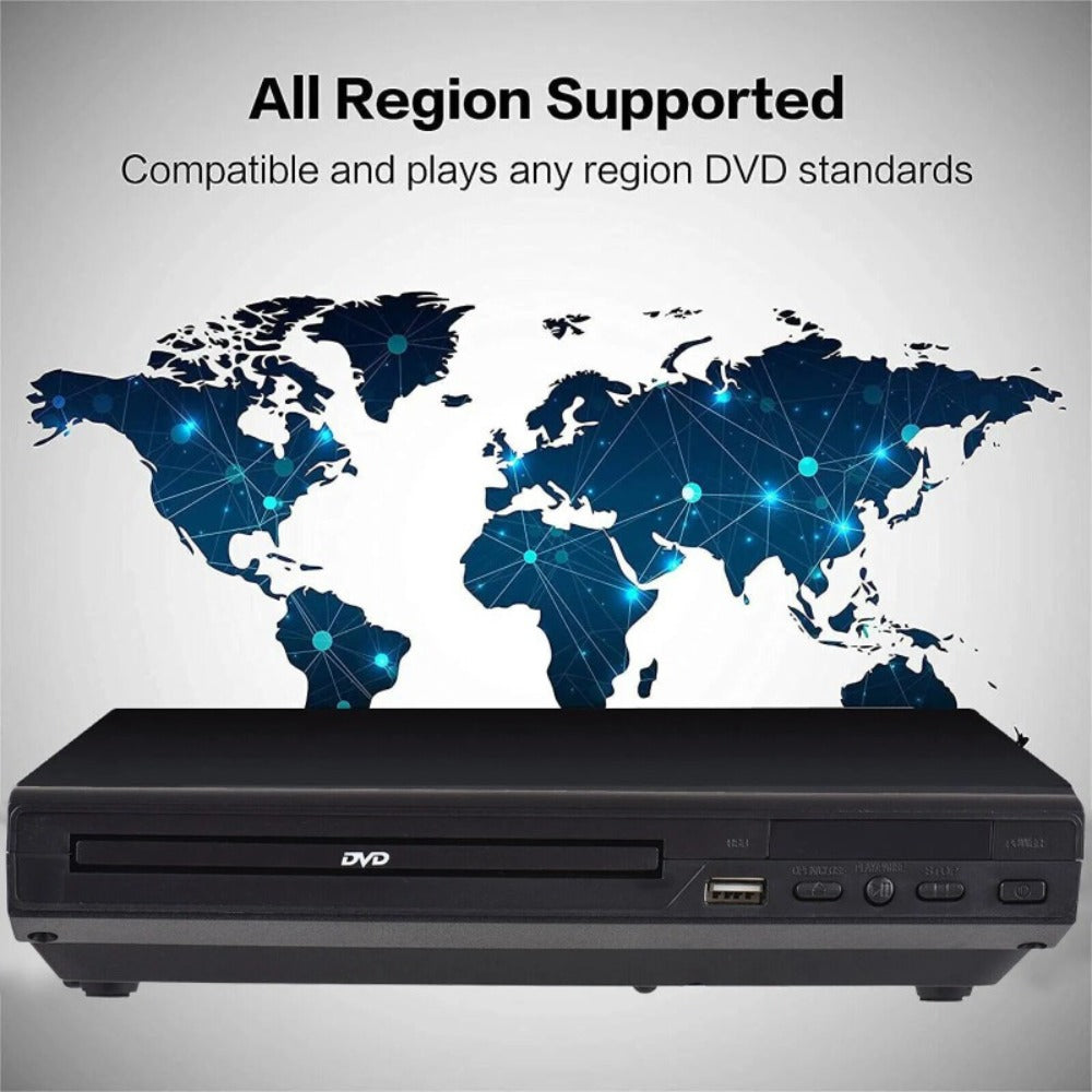 Compact Black DVD Player with USB Port, AV Output, Remote Control, RCA Cable and US Plug for Home TV