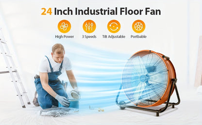 Industrial Drum Floor Fan with Three Speeds, Tilt Frame and 24- or 30-Inch Black, Orange, Green or Yellow Options