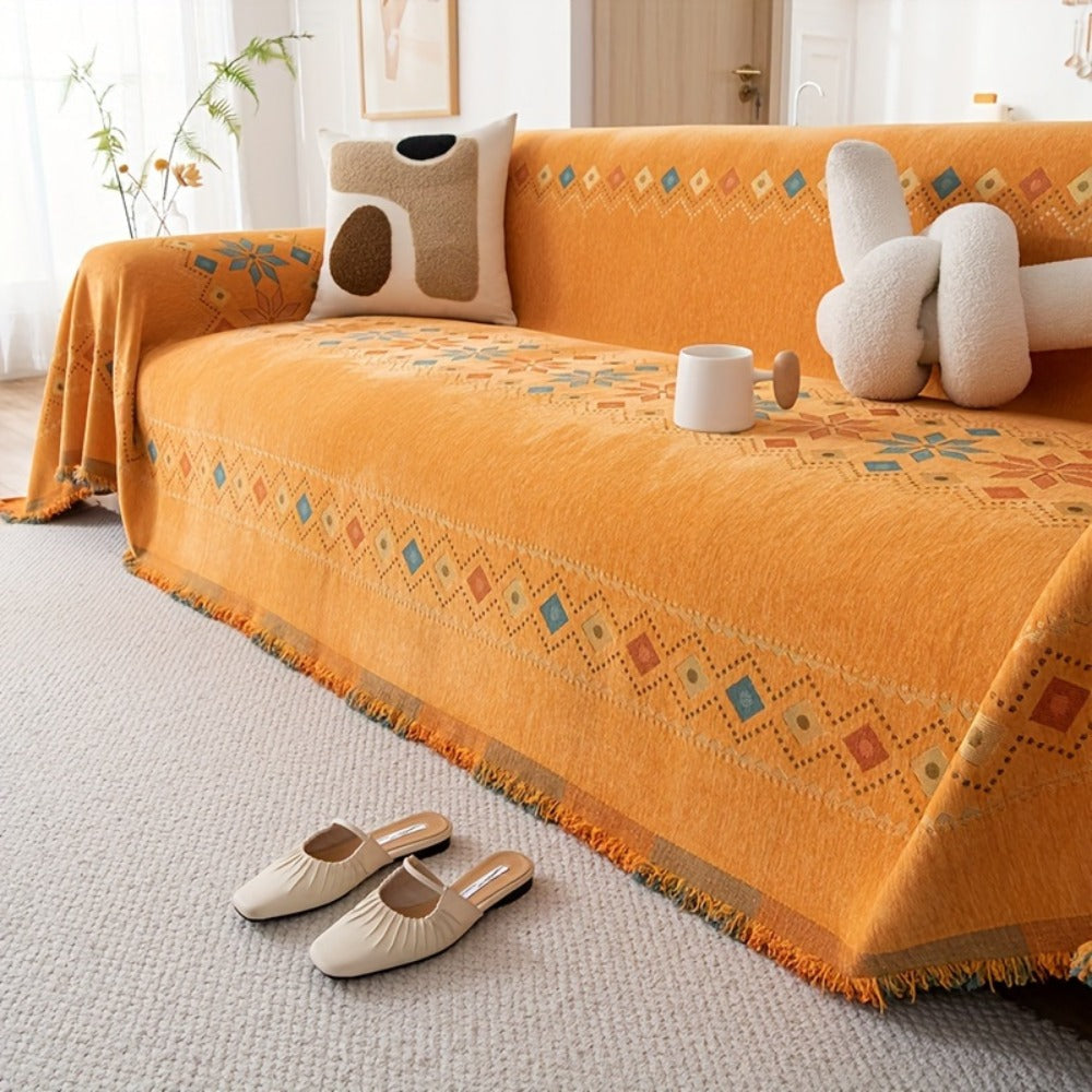 Sofa Cover Bohemian Embroidered Chenille Knit Throw with No Padding in Four Sizes and Five Colors