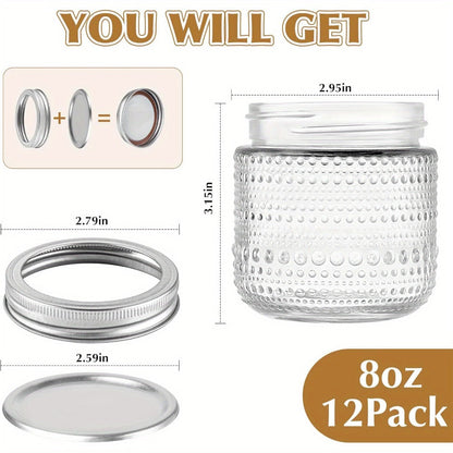 Mason Jars 8oz with Lids 12 Pack, Clear Glass Canning Jars with Silver Metal Lids, Food-Grade for Storing