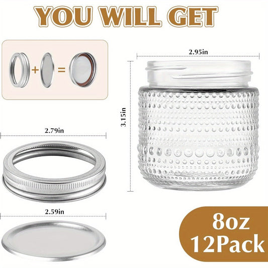 Mason Jars 8oz with Lids 12 Pack, Clear Glass Canning Jars with Silver Metal Lids, Food-Grade for Storing