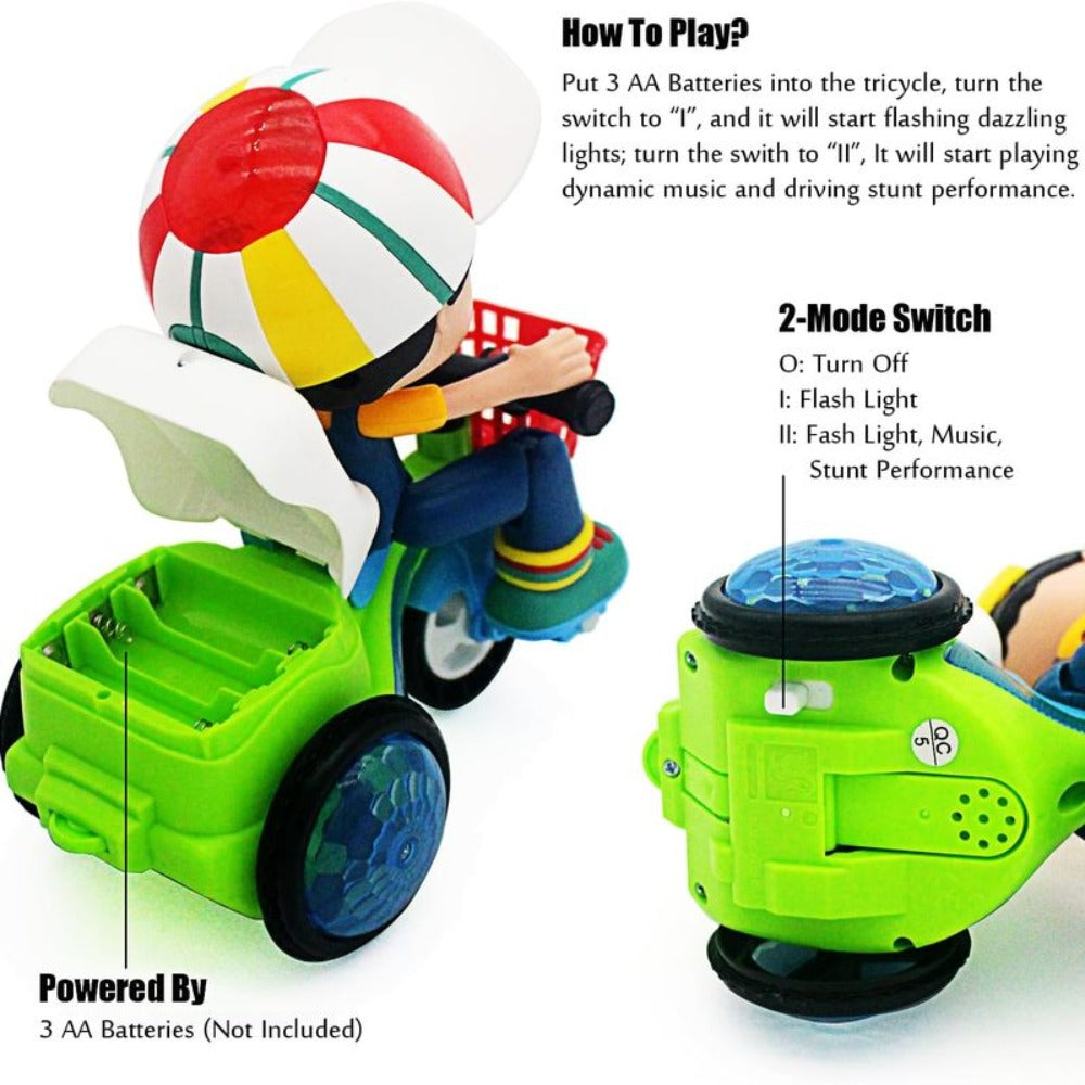 Kids Electric Tricycle Toy Motorcycle with 360° Rotation & Luminous Lights, Push & Power Dual-Mode Stunt Vehicle for Toddlers Boys Girls