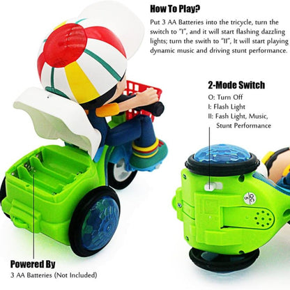 Kids Electric Tricycle Toy Motorcycle with 360° Rotation & Luminous Lights, Push & Power Dual-Mode Stunt Vehicle for Toddlers Boys Girls