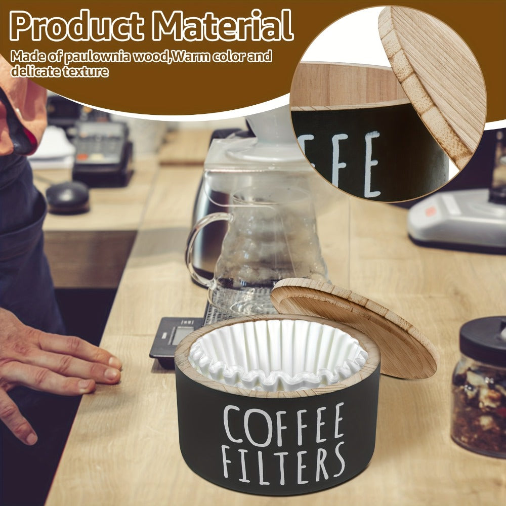 Wooden Coffee Filter Holder with Lid – Large Capacity Rustic Round Organizer Dispenser for Coffee Filters & Tea Bags, Bamboo Lid