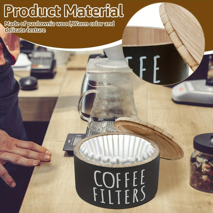 Wooden Coffee Filter Holder with Lid – Large Capacity Rustic Round Organizer Dispenser for Coffee Filters & Tea Bags, Bamboo Lid