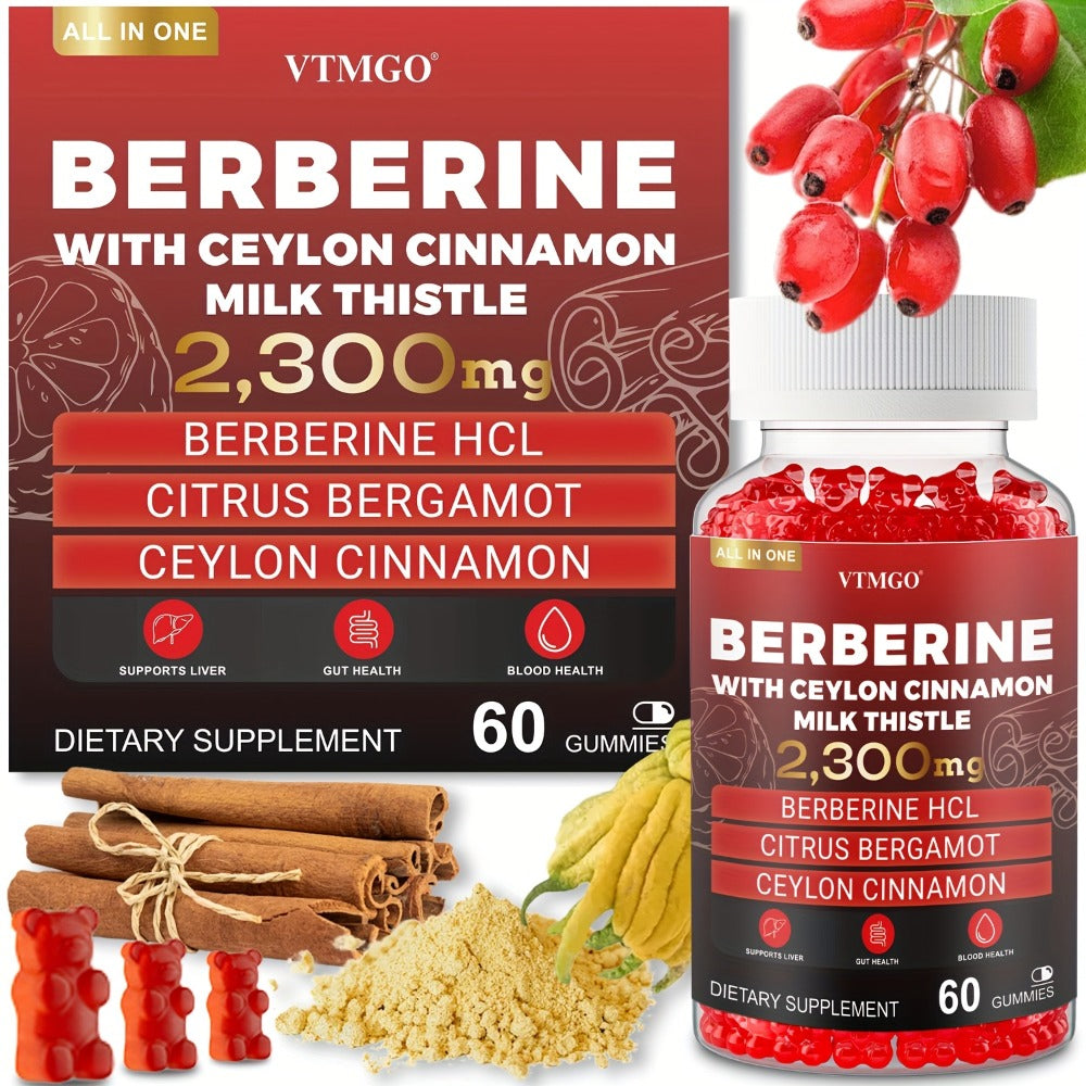Berberine HCL Gummies 2300mg 60ct with Ceylon Cinnamon, Milk Thistle & Turmeric for Blood Sugar Balance