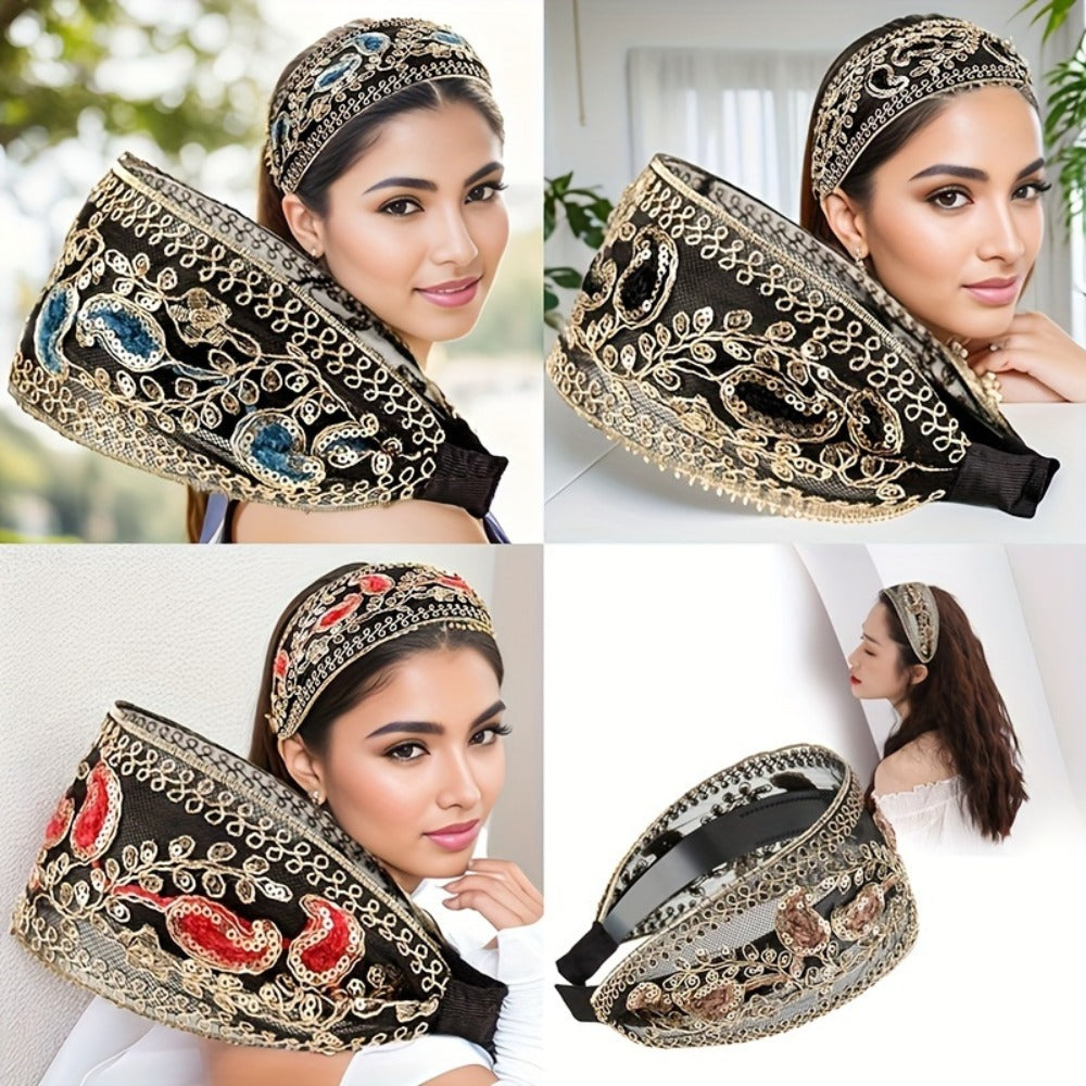 Lace Sequin Flower Headbands for Women 2pcs Wide Non-Slip Boho Retro Embroidered Hair Hoops for Daily Wear Spring Summer Wedding Party Chic