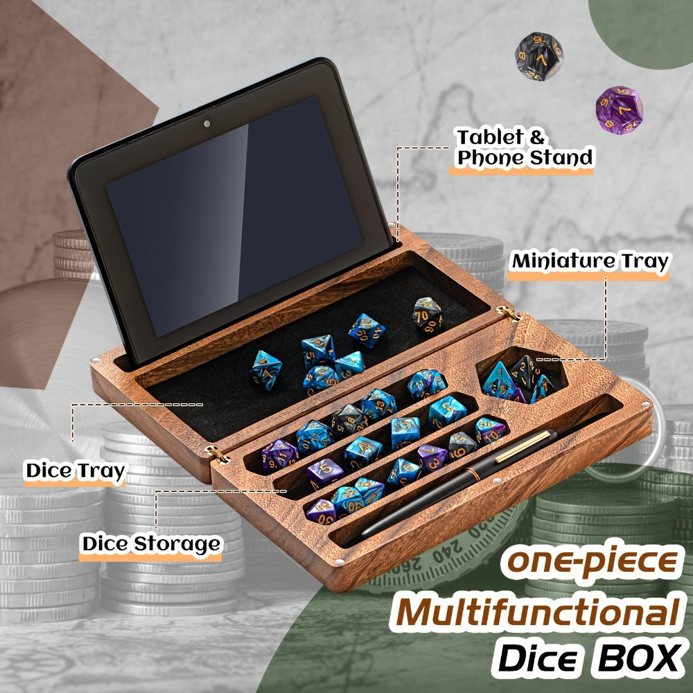 Walnut Dice Box & Rolling Tray 4.8x9 Inch Handmade – Magnetic Flip Lid, Dice Storage, Phone & Tablet Stand for Tabletop RPG Board Games