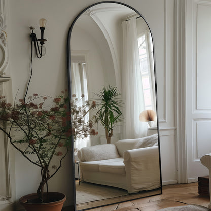 Large 68 × 26 Inch Black Arched Full-Length Floor Mirror with Slim Frame and Freestanding Support