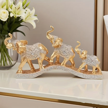 Golden Elephant Figurine Set of 3 – Lucky Elephant Statue Home Decor, Resin Elephant Family Sculpture for Living Room TV Cabinet Office